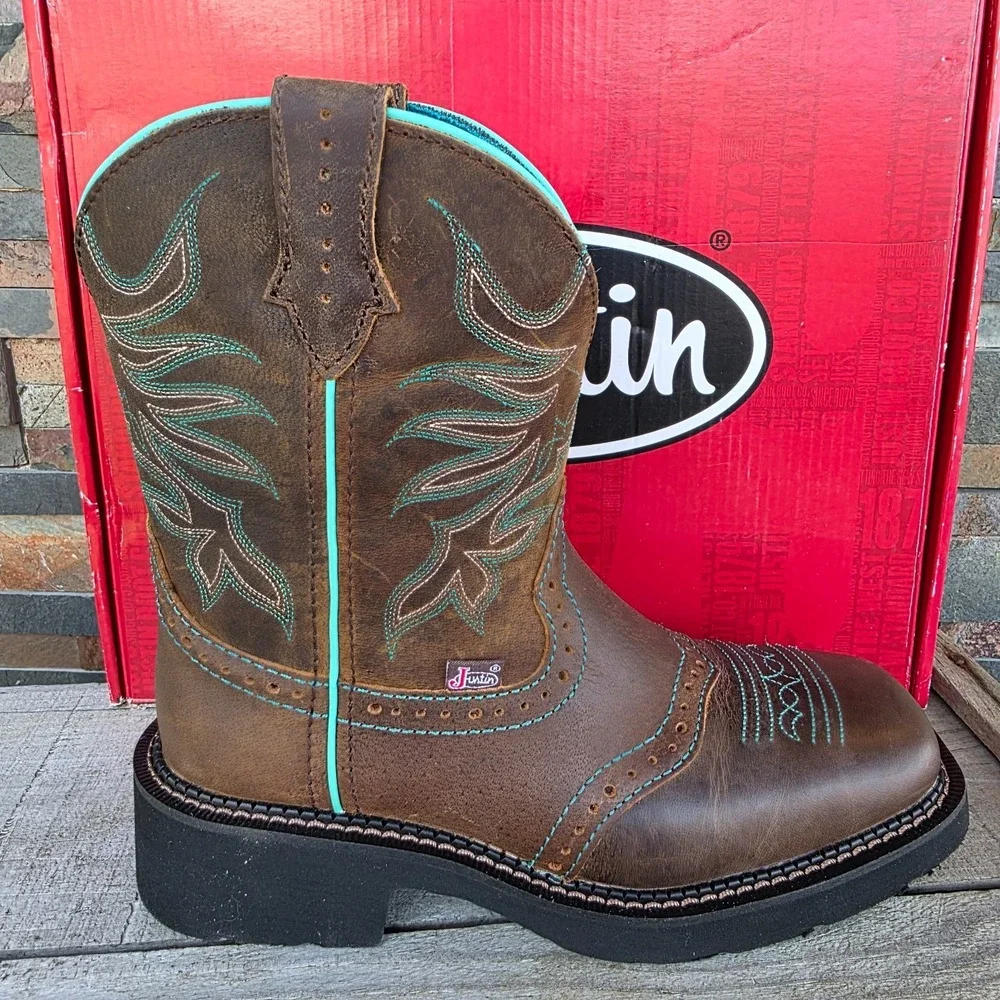 Justin Mandra Chocolate Water Buffalo Wide Square Toe Boots Size 6.5 B GY9624 - Picture 15 of 16